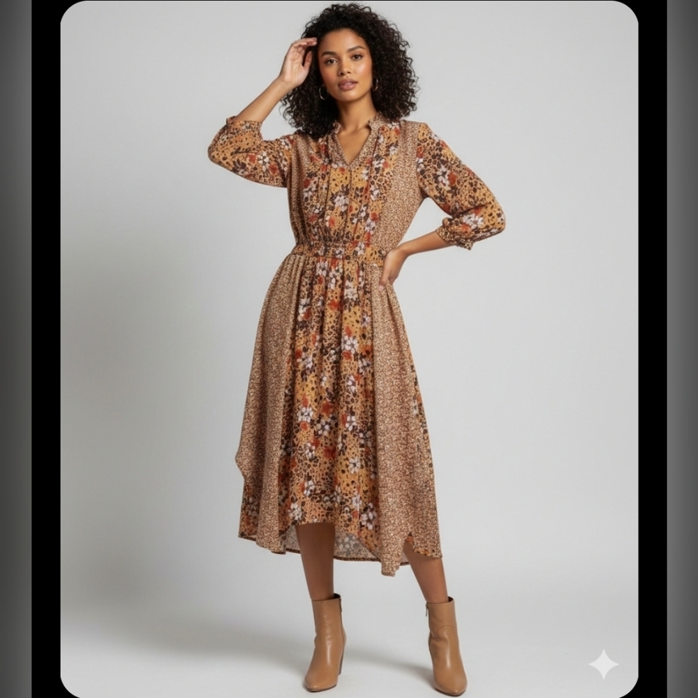Country dress brown semi- sheer floral